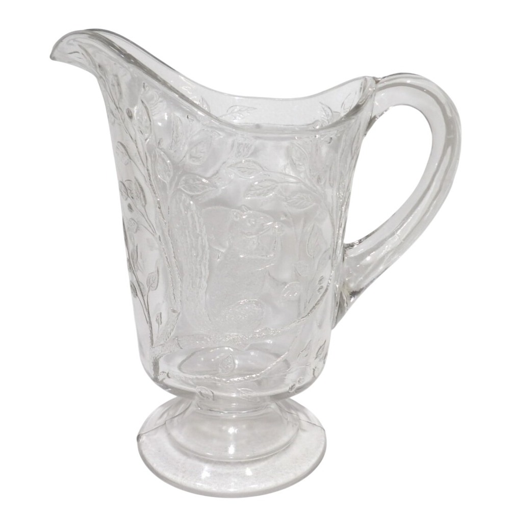 Vintage Embossed Squirrel Oak Leaf Clear Glass Footed Pitcher Woodland Carafe